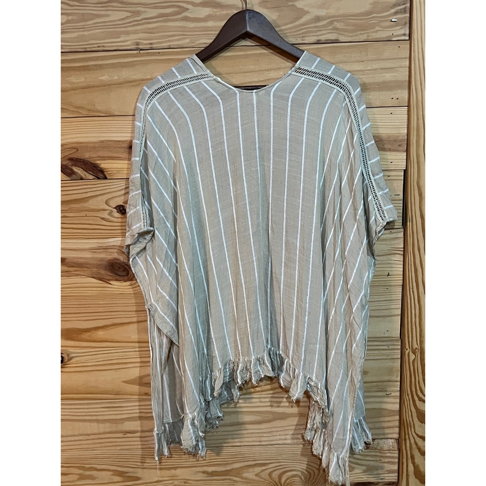 Kori American Beige White Kimono Raw Hem Cardigan Wrap Womens Small Boho Cover - Picture 2 of 4